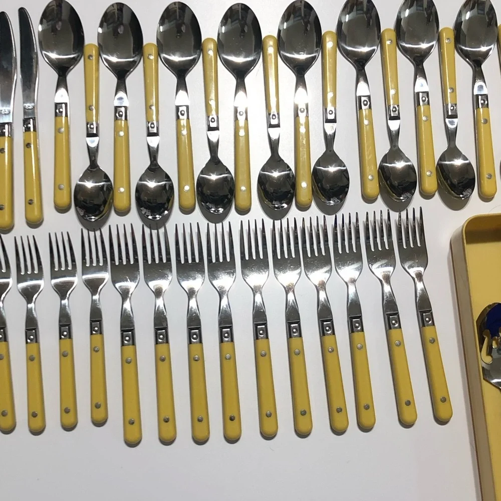 Vintage MCM Butterscotch Yellow Stainless Flatware lot 54 With Tray